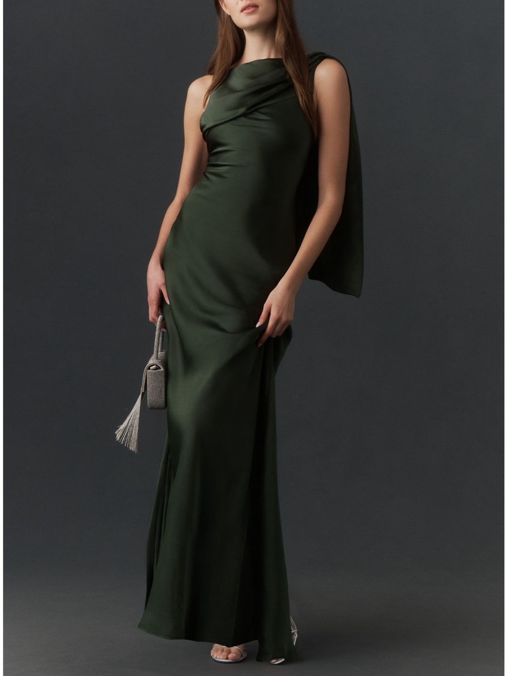 Anthropologie Forest Green Satin Draped Maxi Dress